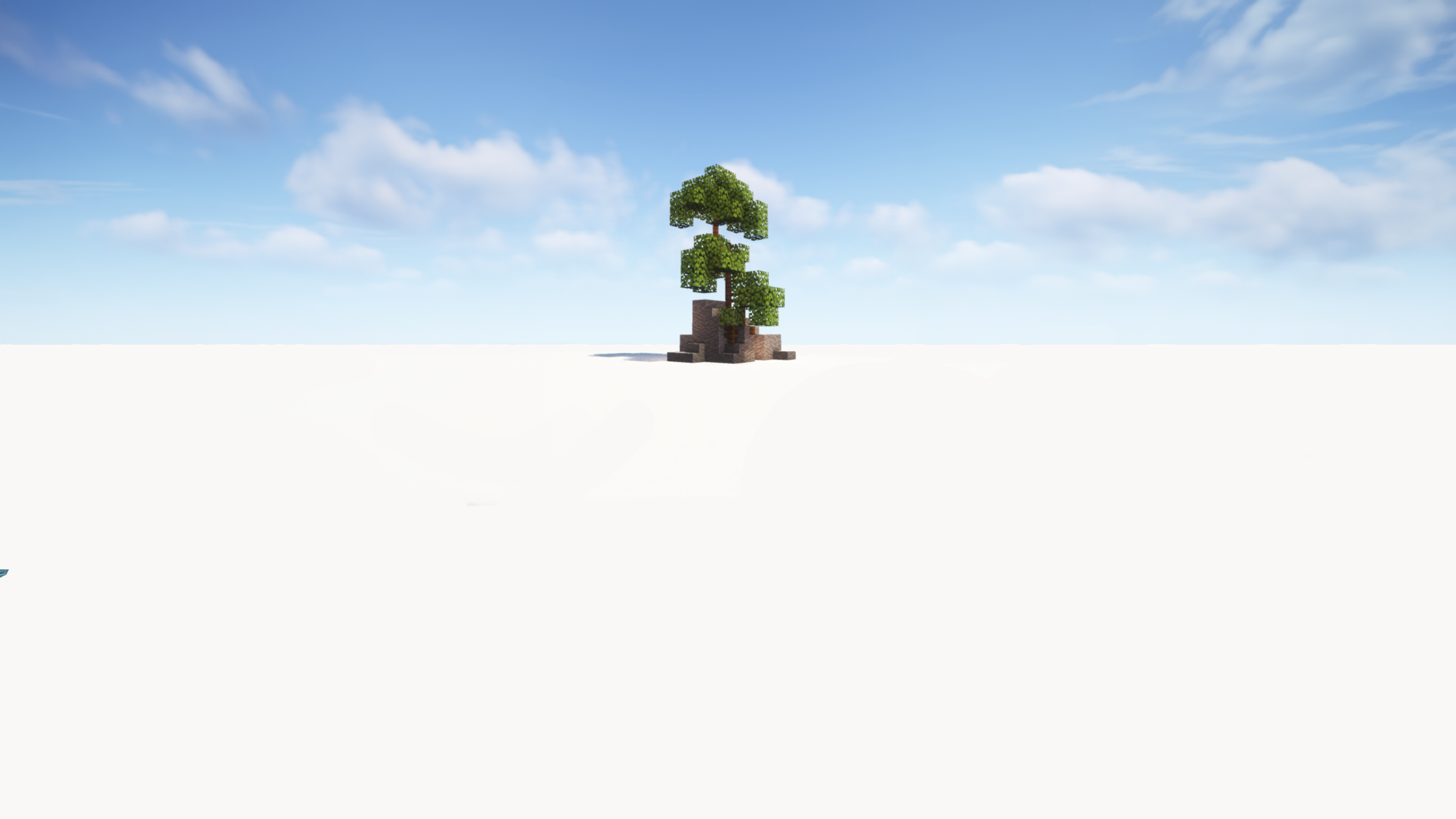 Minecraft tree build against a soft blue sky background